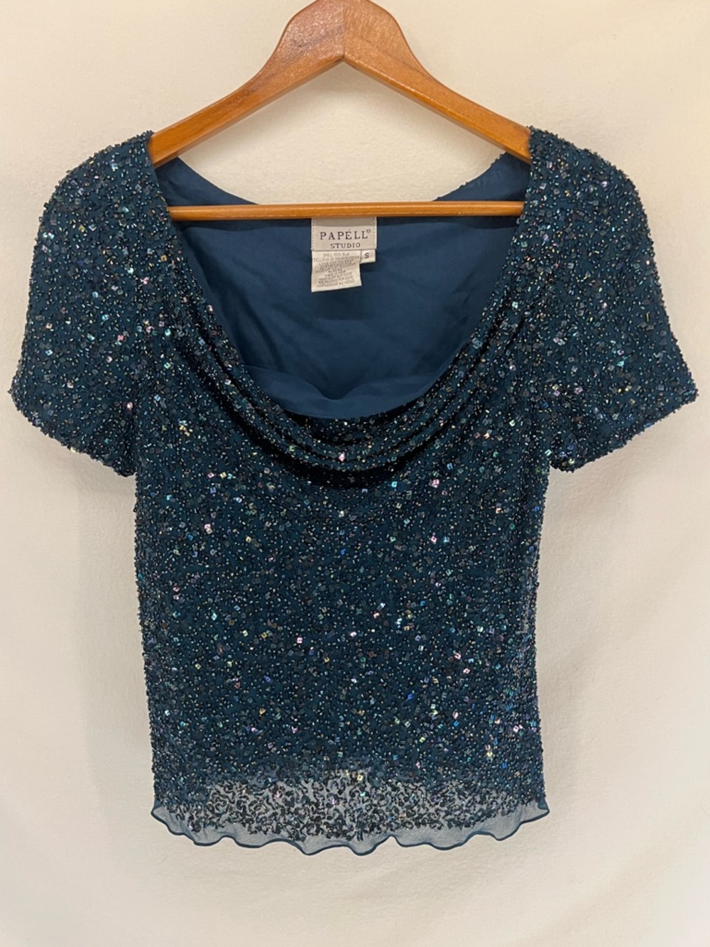 Women’s Papell Studio Silk Sequin Top Size S Blue Cowl Neck Short Sleeves Y2K